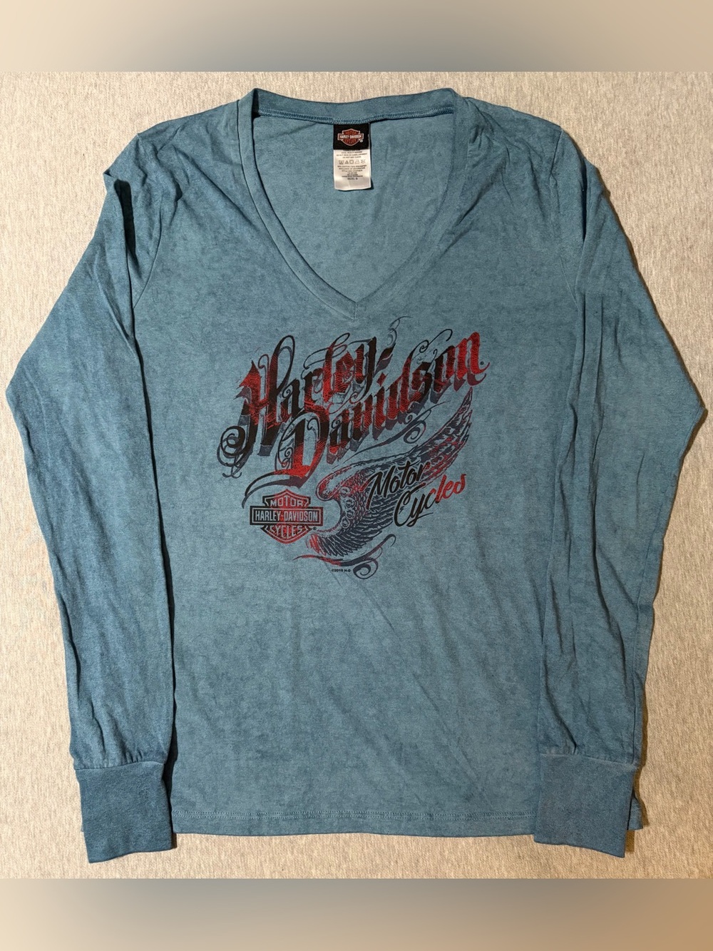 Women’s Harley-Davidson Teal V-Neck Long Sleeve Tee with Red/Navy Accents Size S